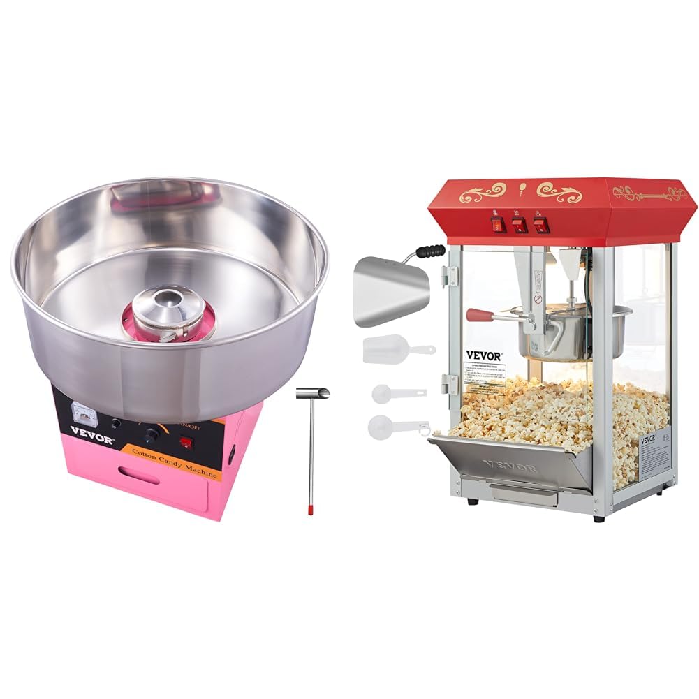 VEVOR Electric Cotton Candy Machine, 1000W Commercial Floss Maker with Stainless Steel Bowl & Commercial Popcorn Machine, 8 Oz Kettle, 850 W Countertop Popcorn Maker for 48 Cups per Batch