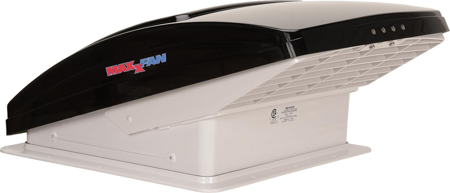MAXXAIR Maxxfan Deluxe Vent, Fan and Vent Cover All in One - Powerful 4-Speed Fan, Built-in Rain Cover, Exhaust Air Only, Fits 14"" x14 Roof Openings, Smoke (00-06401K)