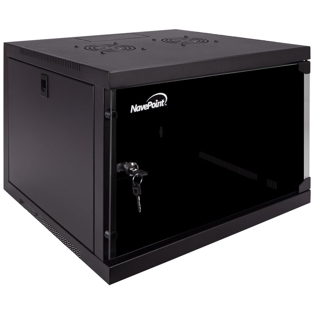 NavePoint 6U Wall Mount Network Cabinet for 19” IT Equipment with Lockable Glass Door & Removable Side Panels, 2 Fans, 17.7” Deep, Pre-Assembled