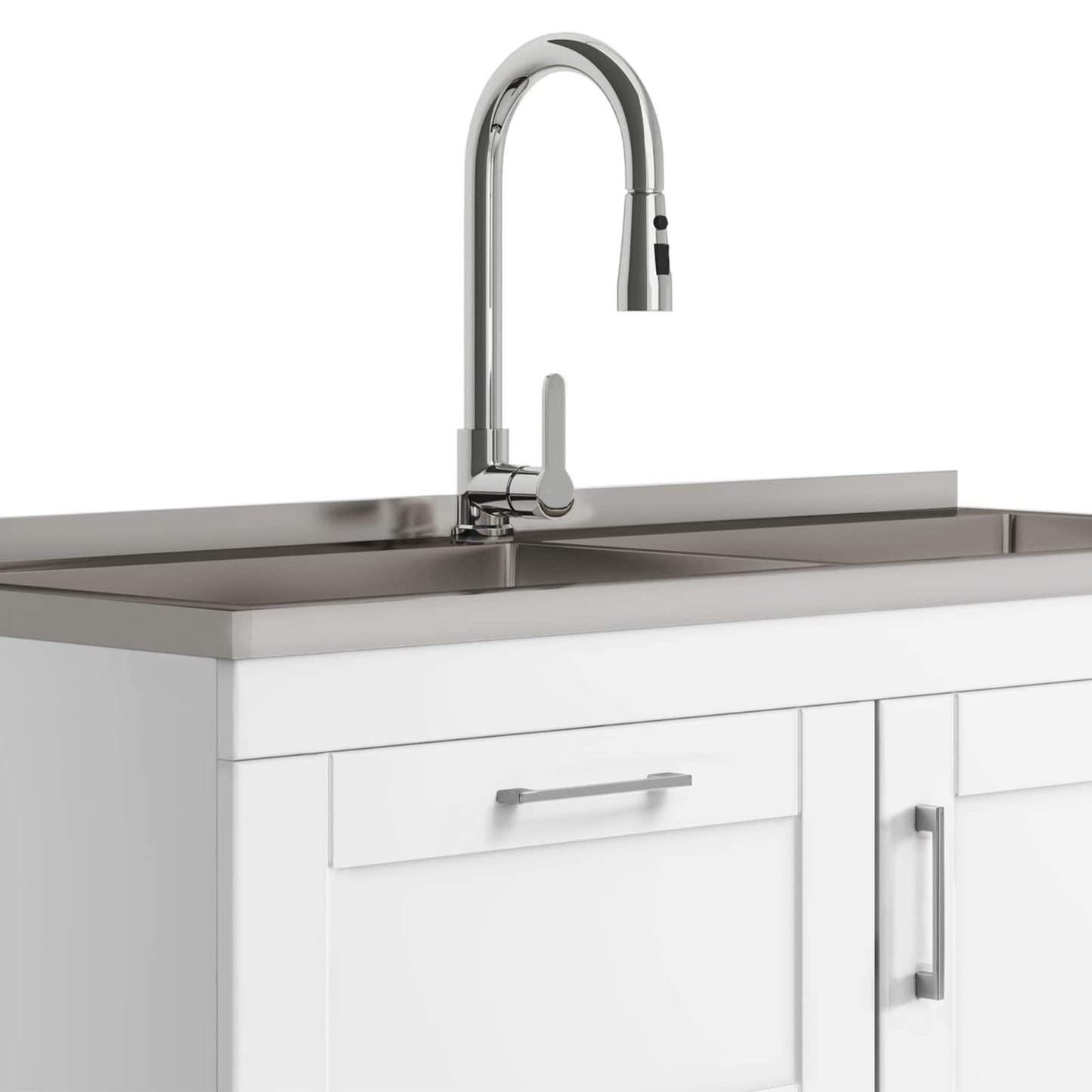 SIMPLIHOME Modern Wide Shaker All-in-One 46 inch Wide Utility Sink and Laundry Cabinet in Pure White Finish, Transitional Stainless Steel Sink Cabinet for Laundry Rooms with High-Arch Chrome Faucet