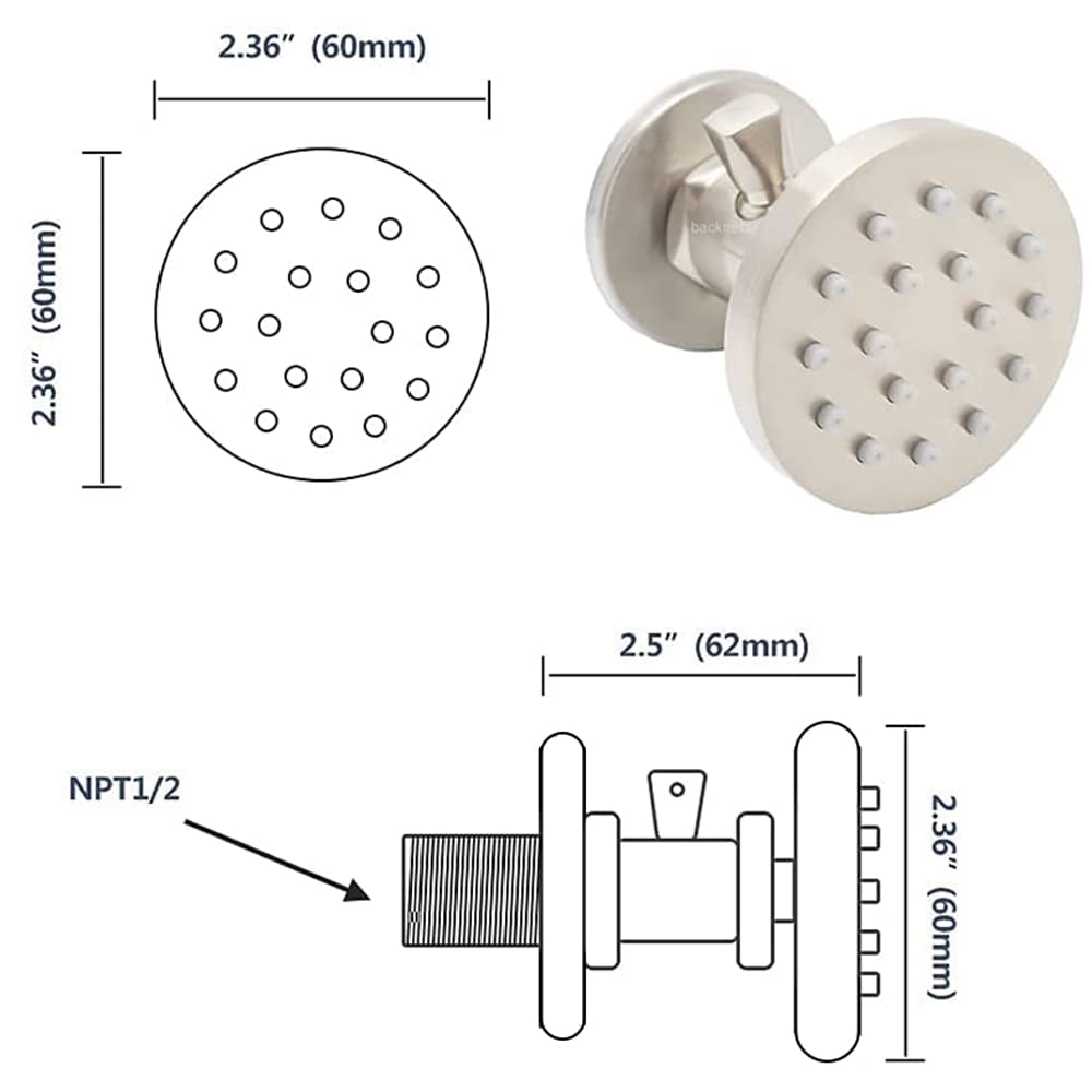(Upgrade) Backnets Solid Brass Shower Body Spray with On Off Round Massage body jets Wall Mount Spa Jet Shower Heads, 2 inch Shower Body Sprayers Brushed Nickel, Rotating Shower Jet Water Flow Control