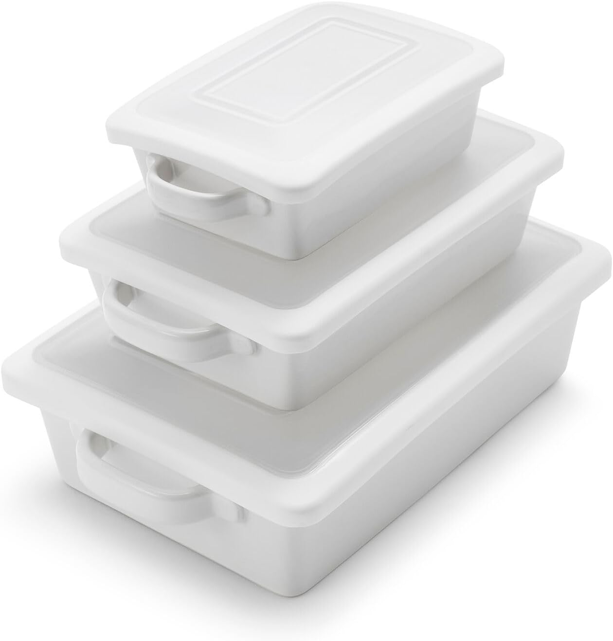 Sur La Table Stoneware Baker Set - 3-Piece Freezer-to-Oven Bakeware with Lids | Durable Handmade Design, White