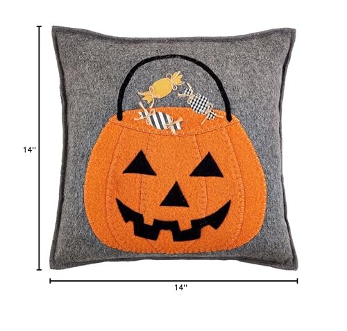 Mud Pie Felt Halloween Pillow, Pumpkin, 14" x 14"