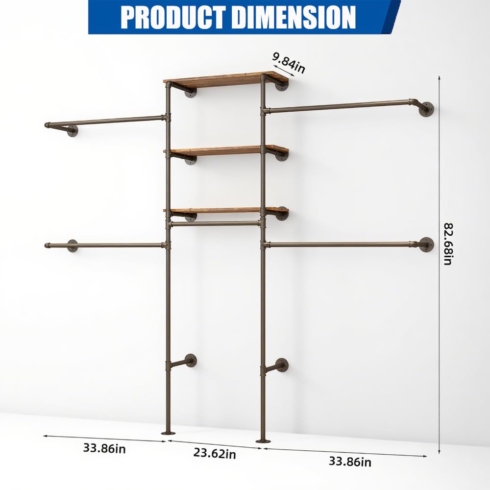 KaKaBB Industrial Pipe Clothing Rack - Heavy Duty Wall Mounted Clothes Rack, Corner Closet System, DIY Wardrobe Organizer with Shelves, Walk in Closet Storage (BLACK, 94.5")