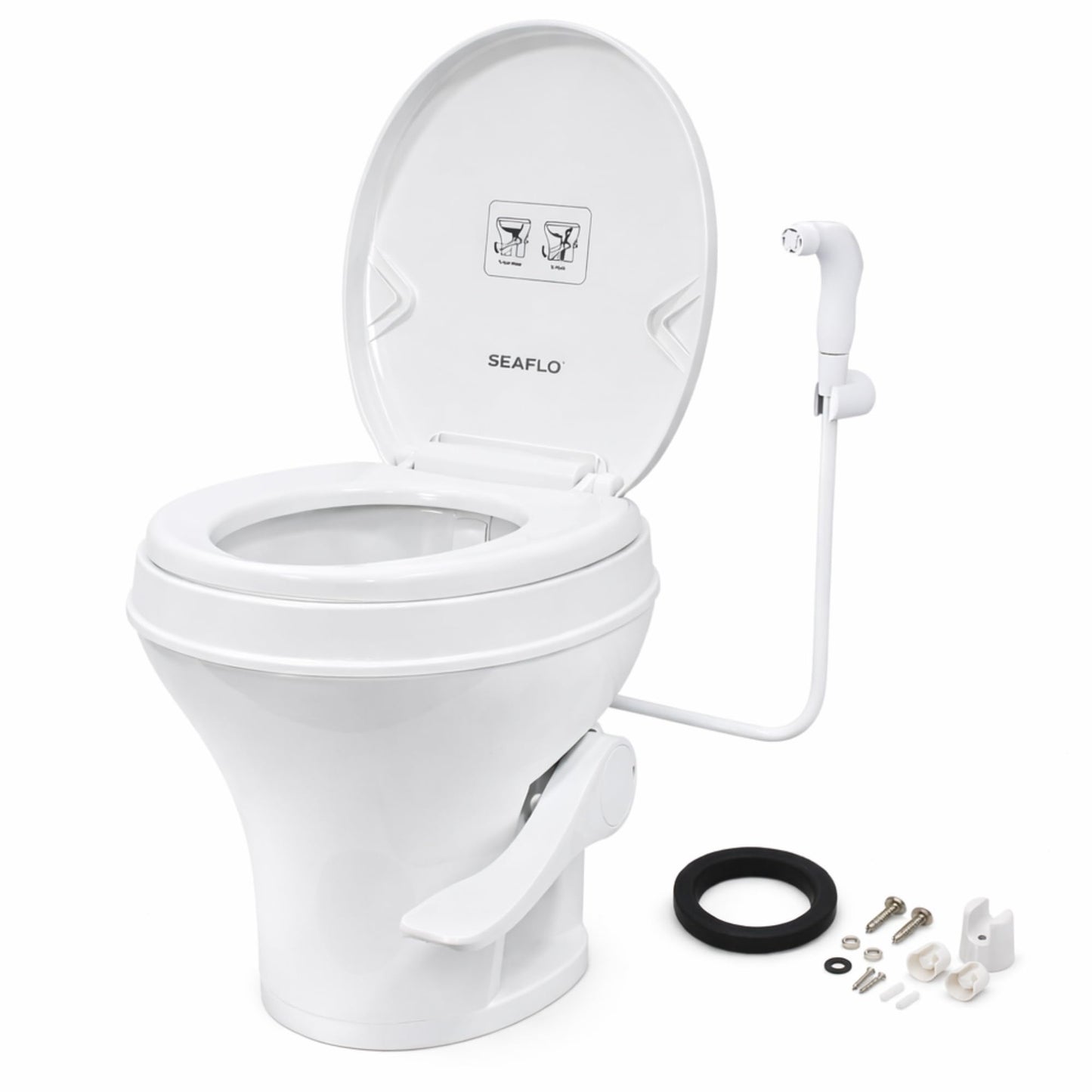 SEAFLO RV Toilet with Sprayer Attachment - White, 18.4” Residential Height, Gravity Flush Foot Pedal Camper Toilet Soft Close Seat Elongated Bowl Motorhome, 4-Year Warranty, SFRTPH-01-02