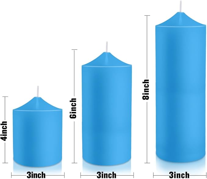 Pillar Candles 3 x 4, 6, and 8 inches, Large Handmade Candles Set of 3, Blue Decorative Candles for Wedding, Home Decoration, Dinner, Church