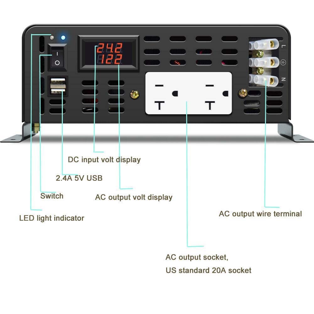WZRELB Pure Sine Wave Power Inverter 5000Watts 24VDC to 120VAC 10KW Peak Dual AC Outlets 2× 2.4A USB Port &Hardwire Terminal Off-Grid Solar Converter RV Trucks