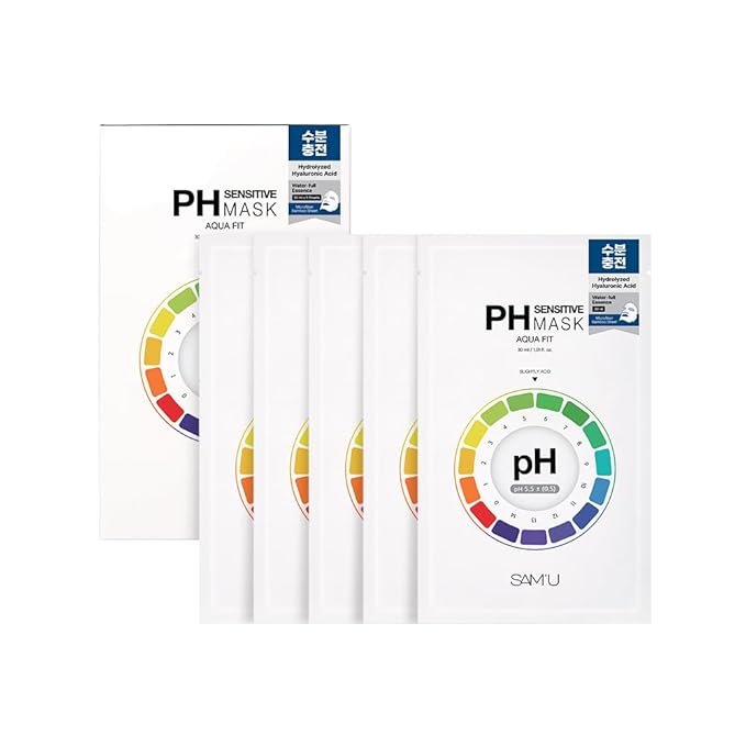 SAM?™U PH Sensitive Aqua Fit Face Mask ??Hydrating & Soothing Vegan Sheet Mask with Hyaluronic Acid and Panthenol, Bamboo Fiber, Travel-Friendly Korean Skincare (5 Sheets)