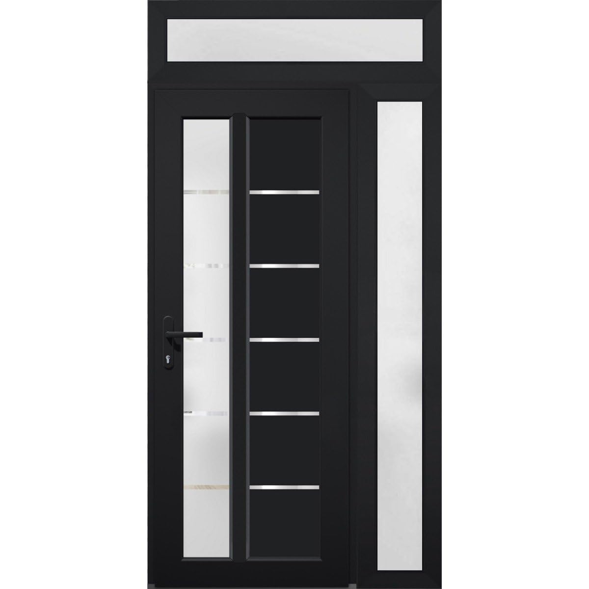 VDOMDOORS Front Exterior Prehung Fiberglass Door Frosted Glass/Manux 8088 Matte Black/Side and Top Exterior Window/Entrance Patio Garage-W30+16" x H80+14"-Right-Hand Inswing