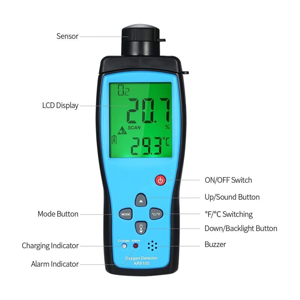 AR8100 Rechargeable LCD O2 Gas Meter with Thermometer - Portable Digital Oxygen Monitor for Home & Industrial Use, Accurate Measurement Device for Gas Detection