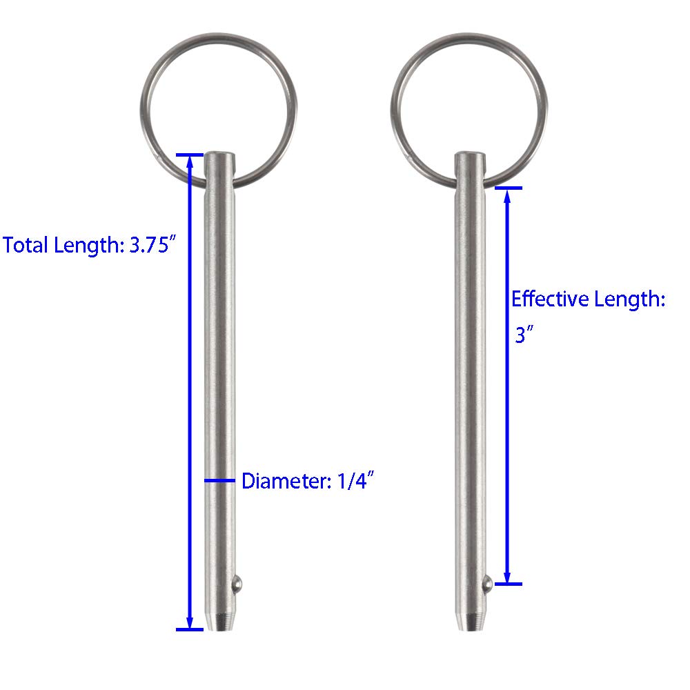 2 Pack Quick Release Pin, Diameter 1/4"(6.3mm), Overall Length 3.75"(95mm), Usable Length 3"(76mm), Full 316 Stainless Steel, Bimini Top Pin, Marine Hardware