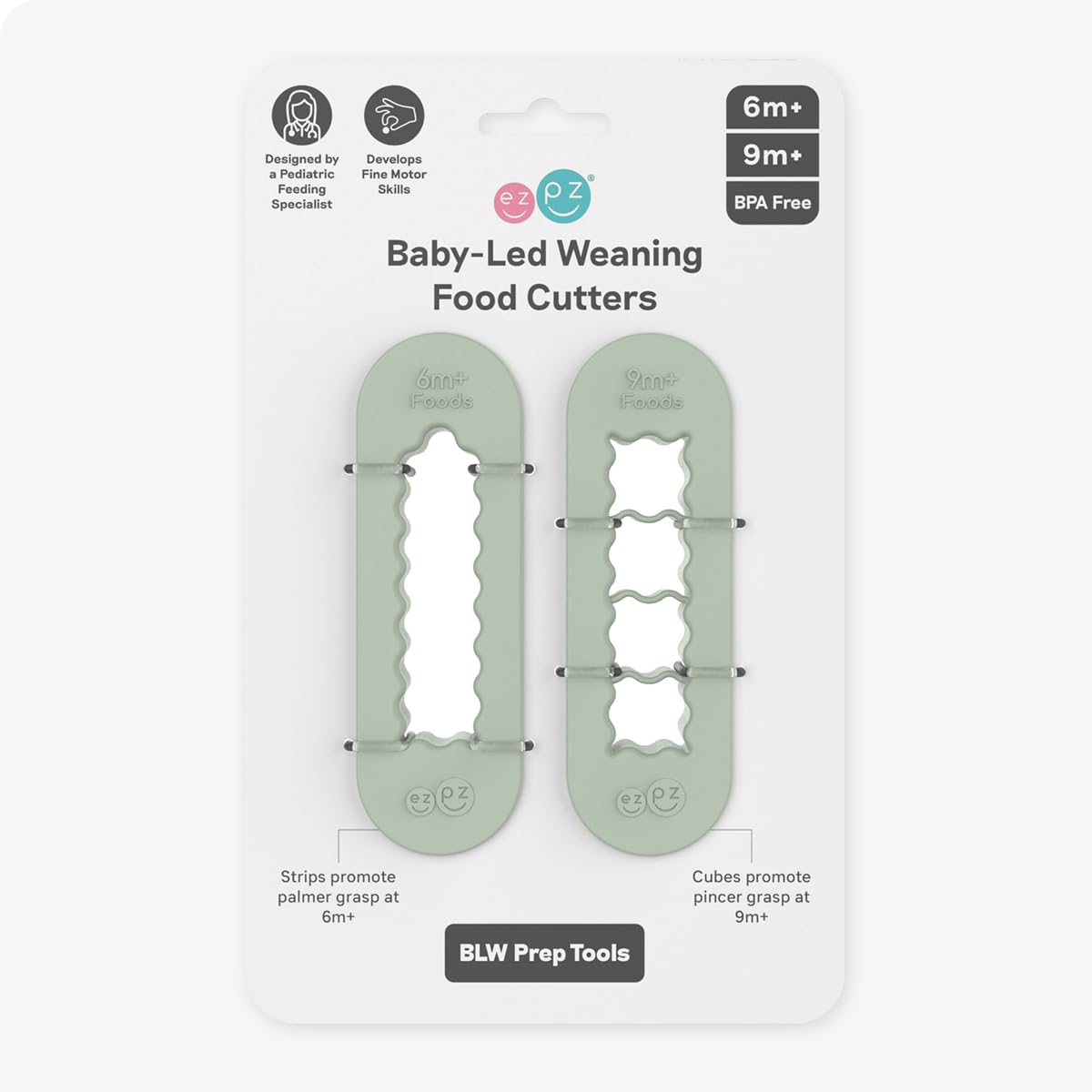 ezpz Baby Feeding Bundle – Tiny Spoon (2-Pack, Blue) + BLW Food Cutters (2-Pack, Sage) – 100% Silicone Baby-Led Weaning Set for 6–9+ Months – Infant Feeding & Prep Essentials