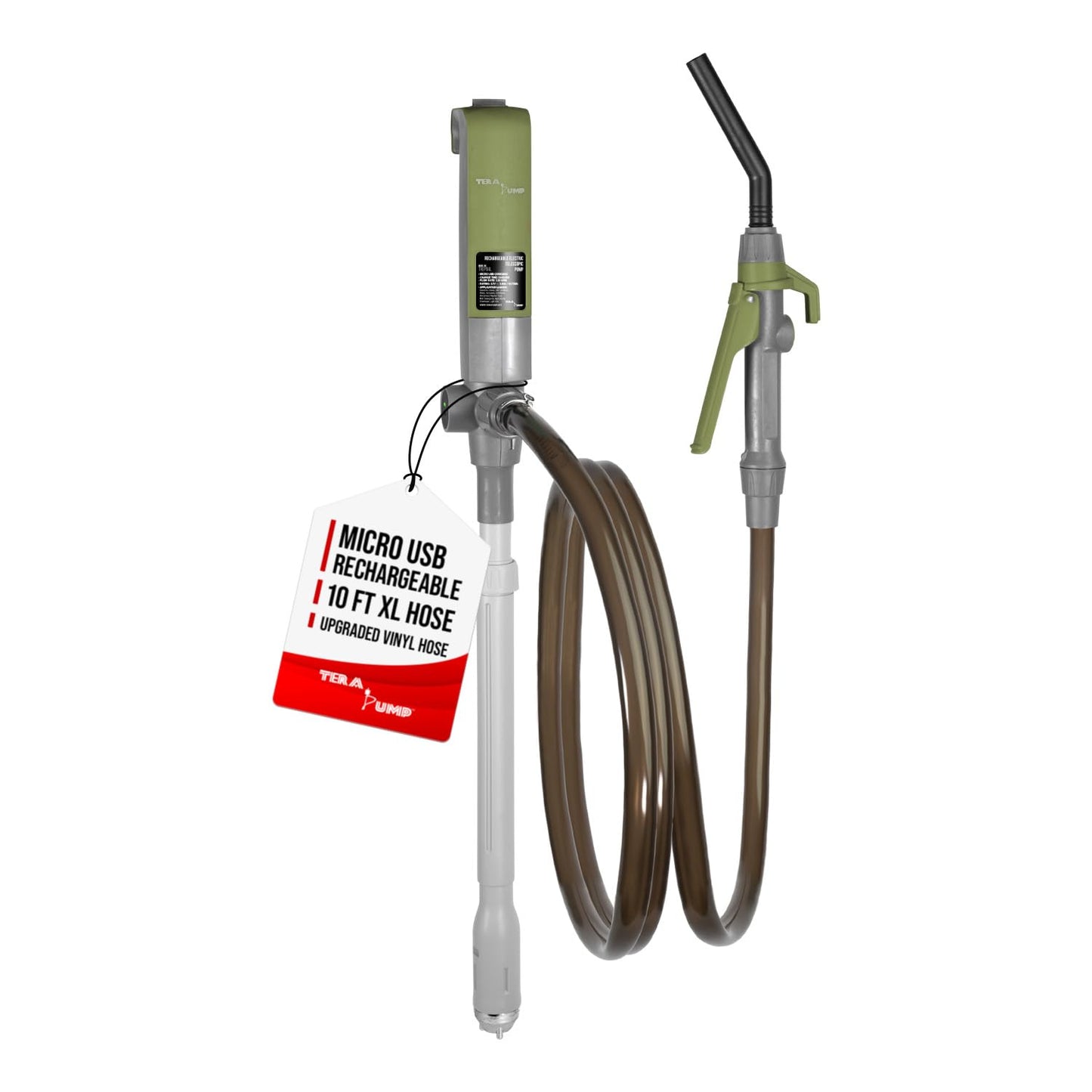 TERA PUMP Next Gen. 2x More Powerful Rechargeable Battery Liquid Transfer Pump (Up to 20% Faster Flow, 10.3 Liter/Min) Precise Nozzle Extra Long 10-ft. Hose for E85, Gas, Diesel, Kerosene and more
