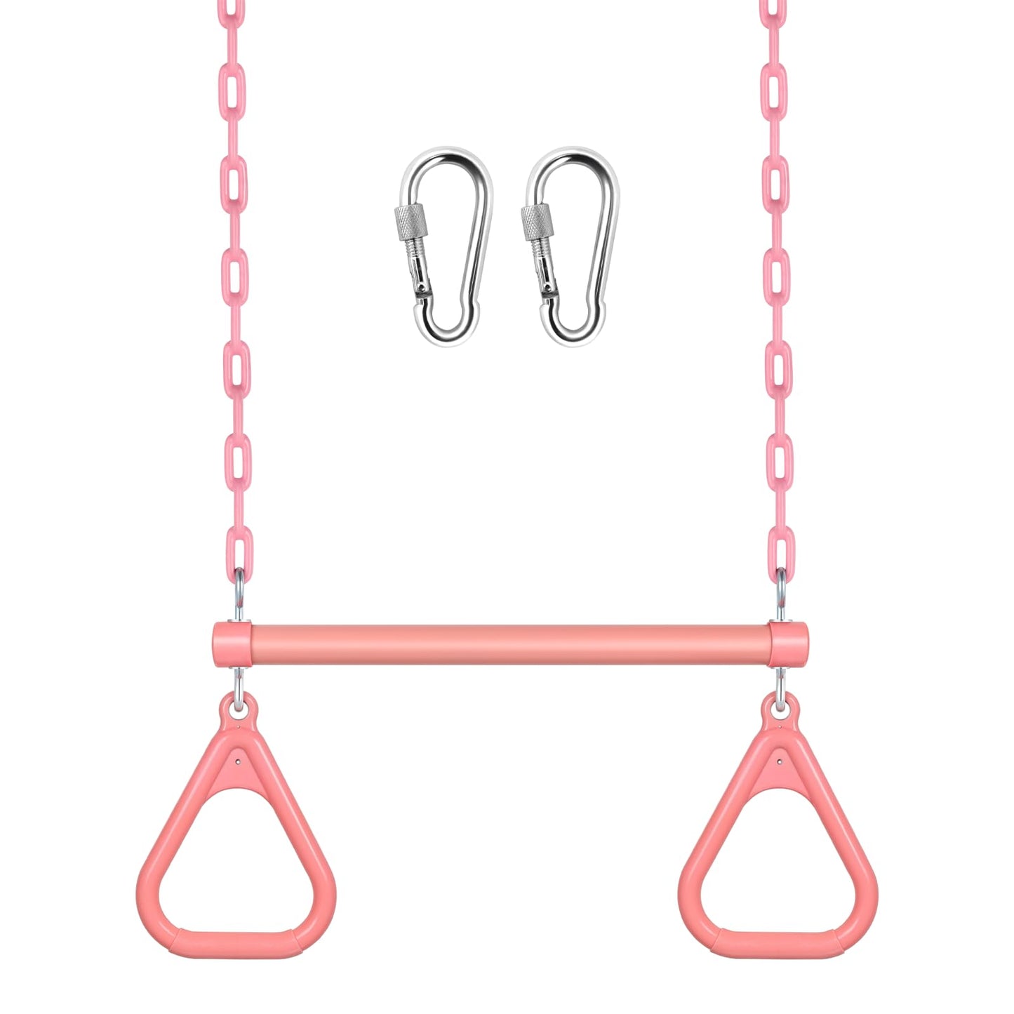 LadyRosian 17" Trapeze Bar Swing Set Gym Rings 47" Heavy Duty Chain Swing Set Accessories with Locking Carabiners Plastic Coated Chains Monkey Bars for Backyard, Playroom (Pink)