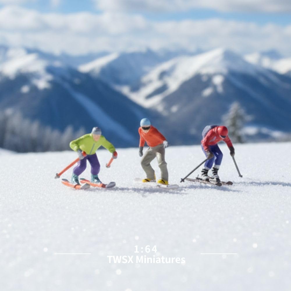 Ski Team Miniature Models - 3pcs 1:64 Scale Skiing Figures for DIY Landscapes & Creative Scenes