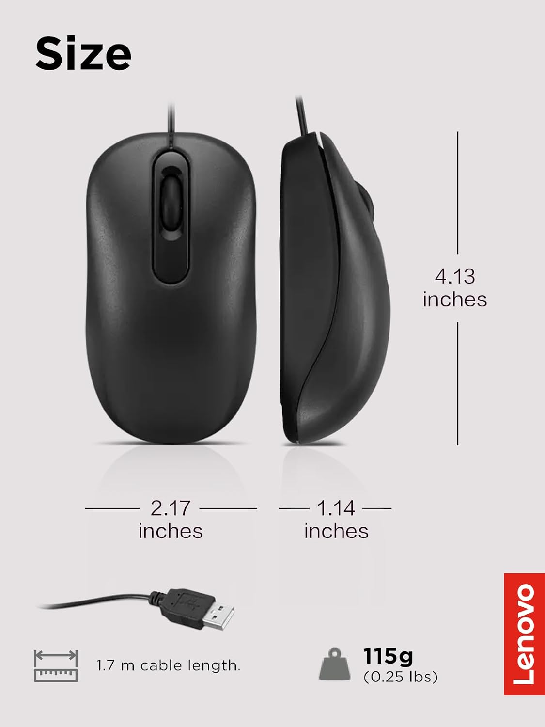 Lenovo 100 3 Wired USB Computer Mouse for PC, Laptop, Computer with Windows - Full-Size - Ambidextrous Design - Buttons