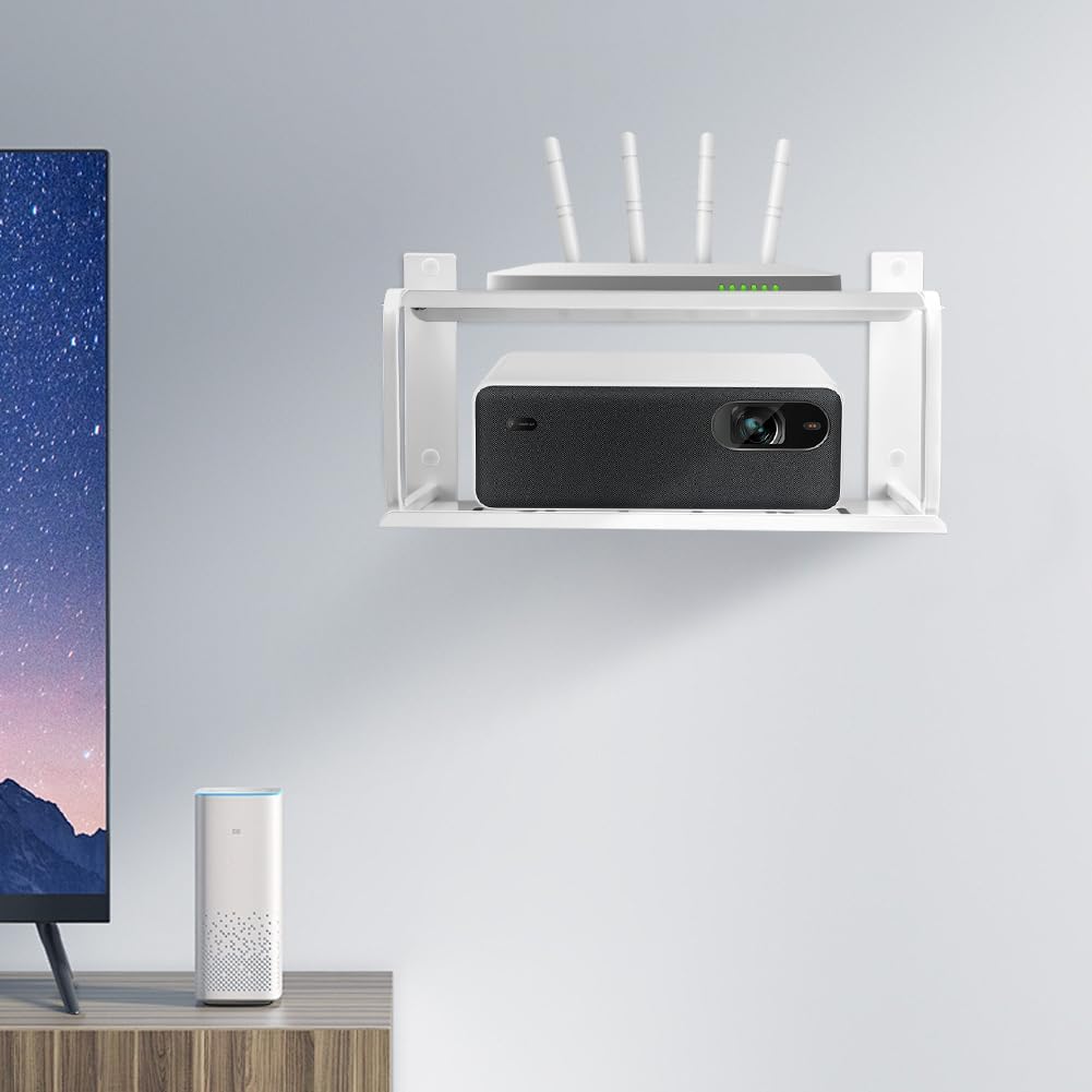 Tookie 2 Layers Projector Shelf, Wall Mount Double Floating Shelf Under TV Entertainment for Projector Router Camera