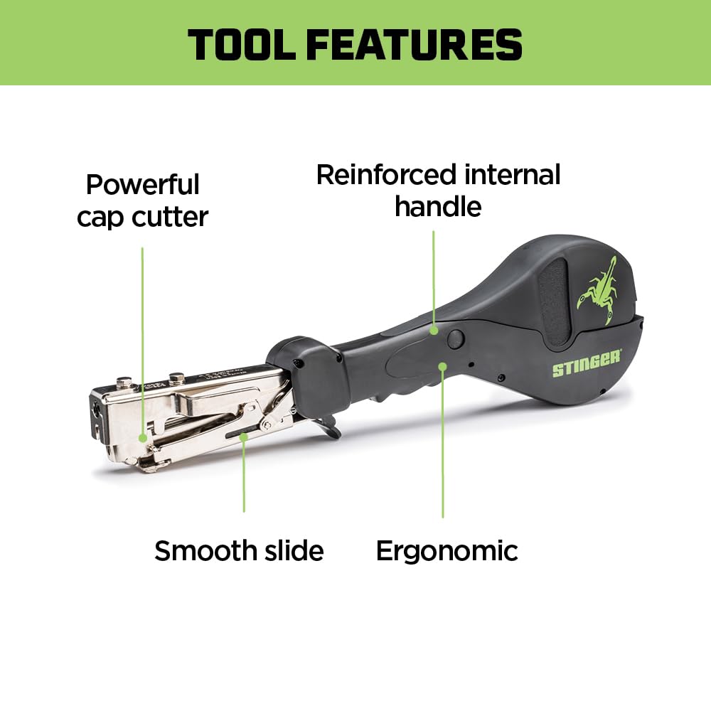 CH38-2 Cap Staple Hammer Tacker Plus Two StaplePacs, 1" Caps, 3/8" Staples for Roofing Underlayment, Housewrap, and Insulation (STINGER 0136400)