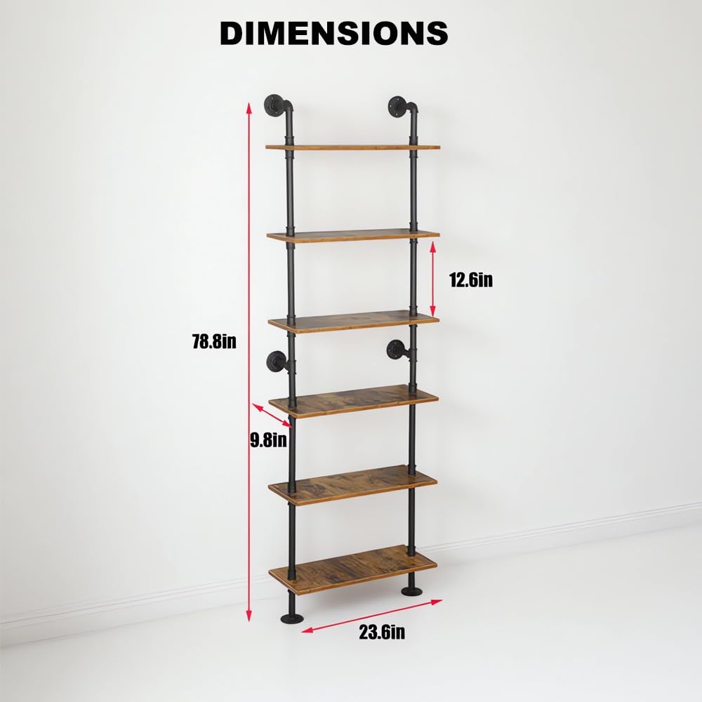 HEONITURE 5 Shelf Industrial Pipe Shelving, Black Modern Bookcase Bookshelf, Wall Mount Ladder Shelf with Metal Frame Display Selves