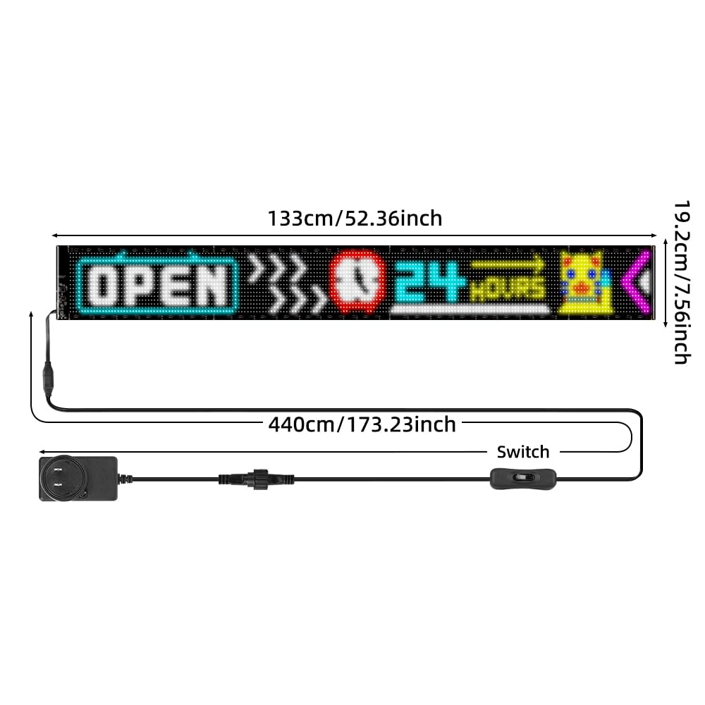 Large Programmable LED Sign, 52"x7.5" Flexible 110V Scrolling Display, Customizable Text, Patterns & Animations, Multi-task Loop Playback for Store, School, Hotel, and Event Sign