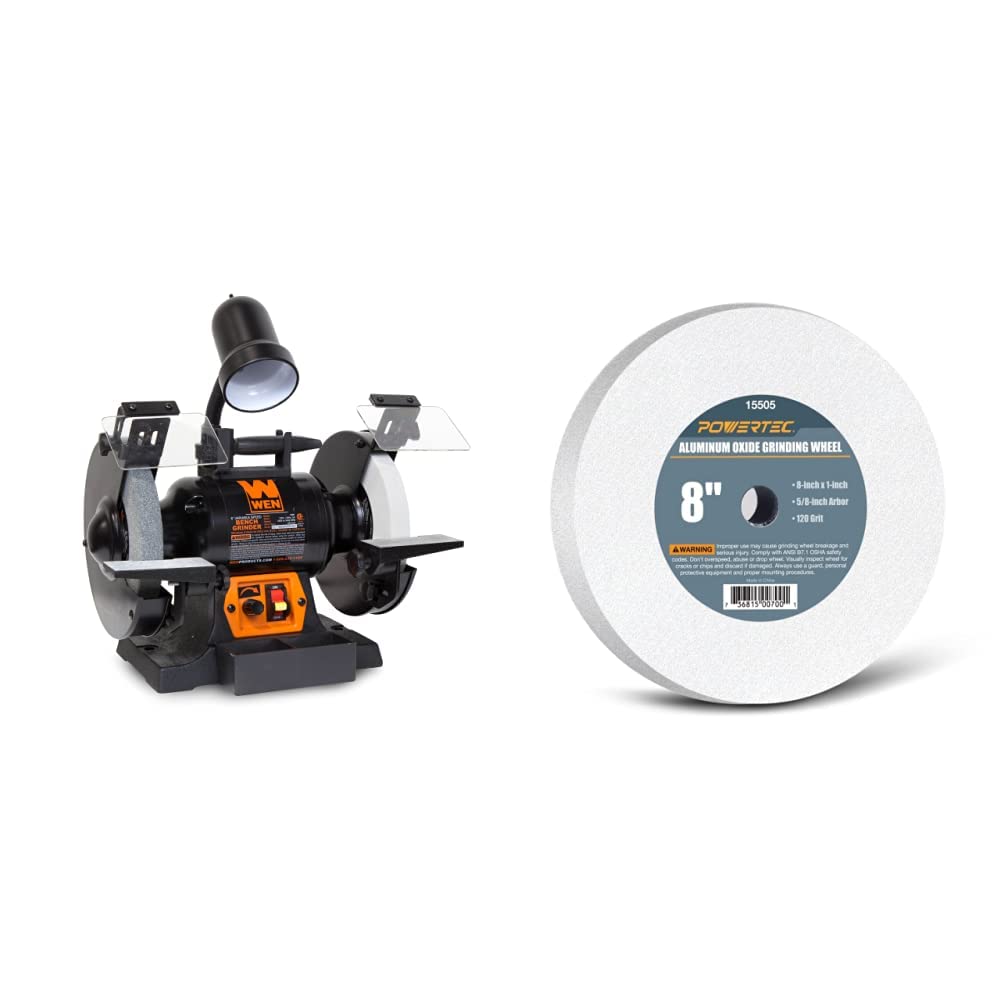 WEN BG4280 5-Amp 8-Inch Variable Speed Bench Grinder with Flexible Work Light & POWERTEC 15505 White Aluminum Oxide Grinding Wheel, 8-Inch by 1-Inch, 5/8-Inch Arbor, 120 Grit