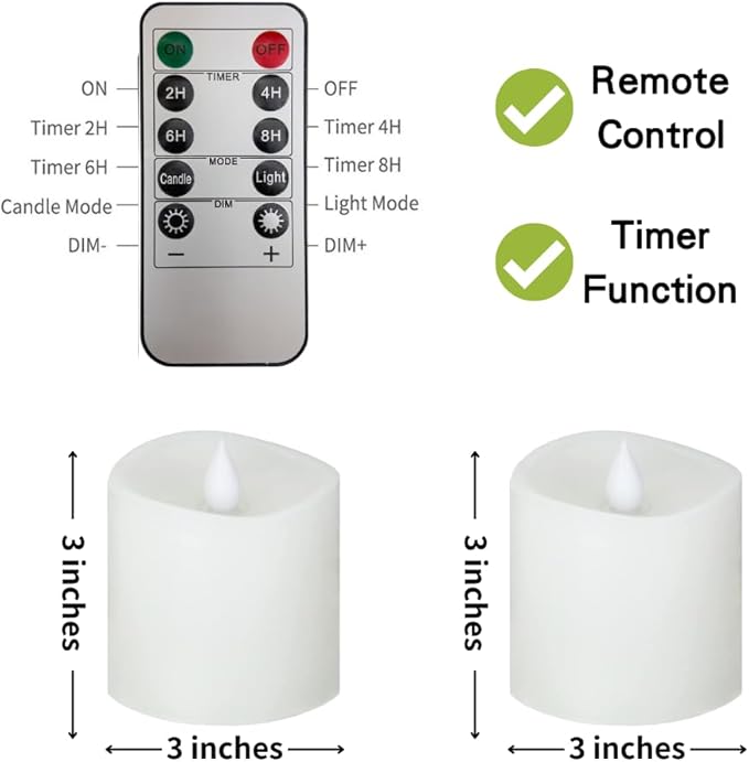 3x3 Flickering Flameless Candles Set of 2,3 inch Real Wax LED 600 Hours Battery Candles with Timer Remote,Control for Wedding Party Indoor, White