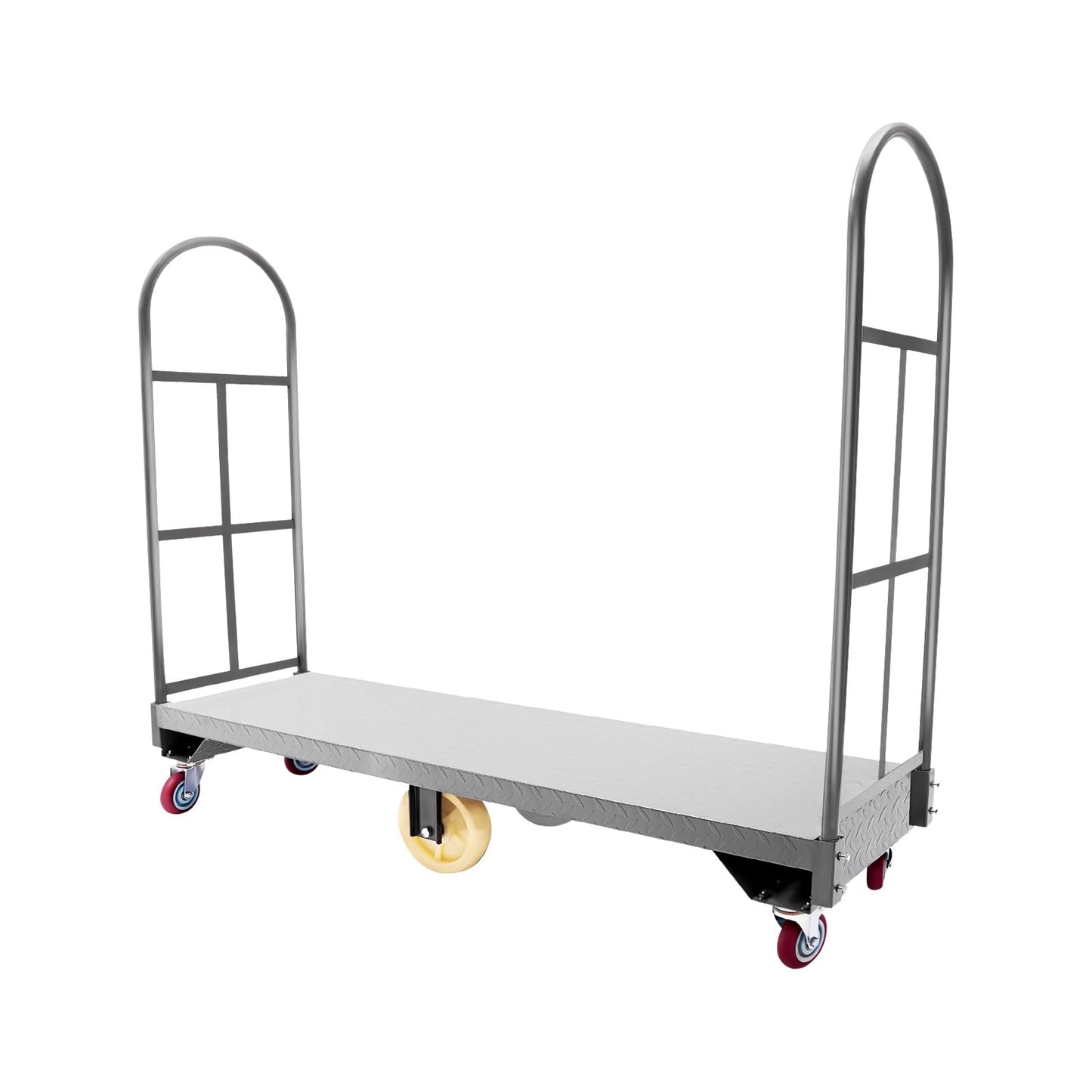 Heavy Duty U-Boat Platform Truck, 64.6"x 15.7"x51.2" Steel Dolly Cart with 2000 lbs Capacity and Removable Side Fences, 6 Wheels and Foot Brake (64.6"x 15.7"x51.2")
