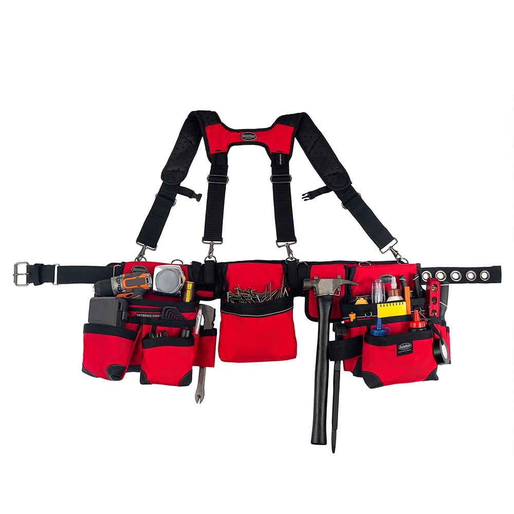 Bucket Boss 3 Tool Bag Tool Belt with Suspenders in Red, 55185-RD