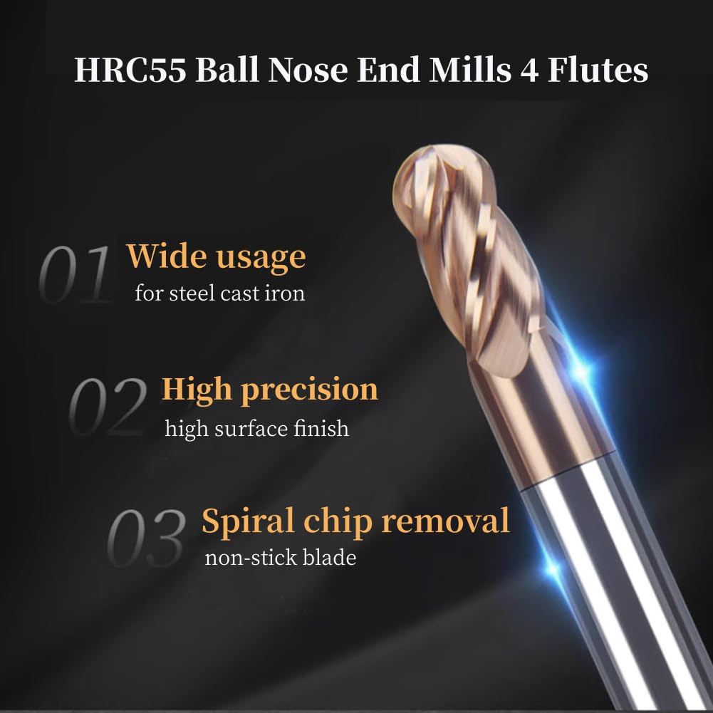 LAHDYFHOE2 Pcs 4 Flutes Carbide 3/4” Dia 3/4'' Shank Ball Nose End Mill, 4-Edge CNC Milling Bits Cutter Iron-HRC55 - TISIN Coated Bits Set CNC Router Bits