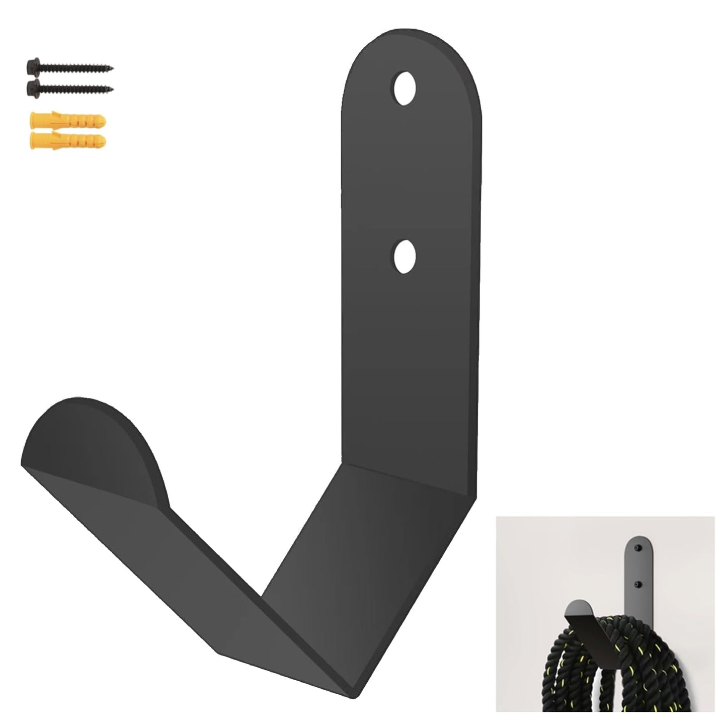 Yuleimy Battle Rope Storage Hook, Heavy Duty Wall Mount Gym Rope Hanger Bracket, Holds 100 LBS, Large Steel Organization Rack for Home & Commercial Gyms, Black, 1 Pack