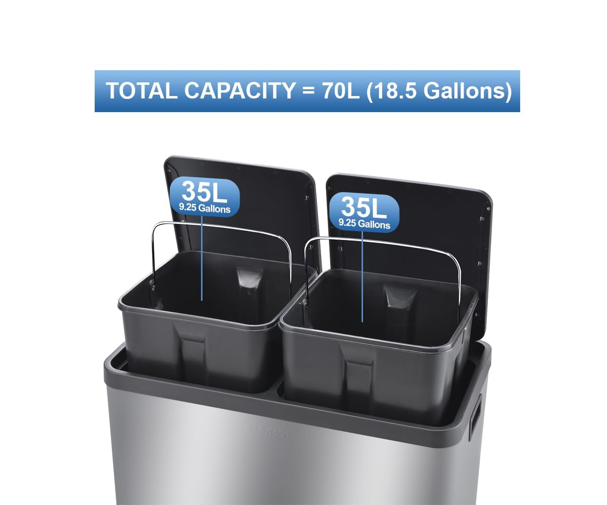Step N' Sort The 18.5 Gallon Extra Large Capacity, Soft-Step, Dual Trash and Recycling Bin with Removable Inner Bins, Silver