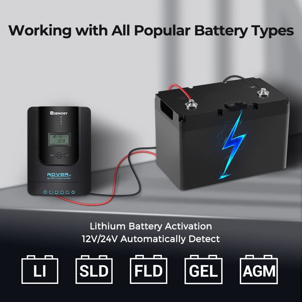 Renogy Solar Charge Controller Rover 40A 12V24V Auto Parameter DC Input MPPT Charge Controllers for Solar Panels Adjustable LCD for Gel Sealed Flooded Lithium Battery