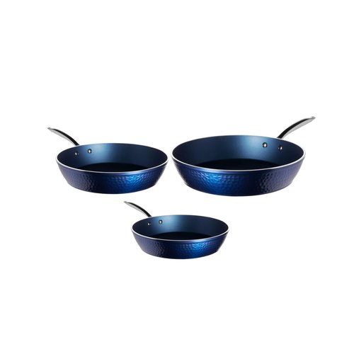 Luxurious Non-Stick Ceramic 3 Piece Blue Hammered Cookware Set, Lightweight, Scratch-Resistant, Dishwasher Safe, Oven Safe up to 500°F, Suitable for All Stove Types