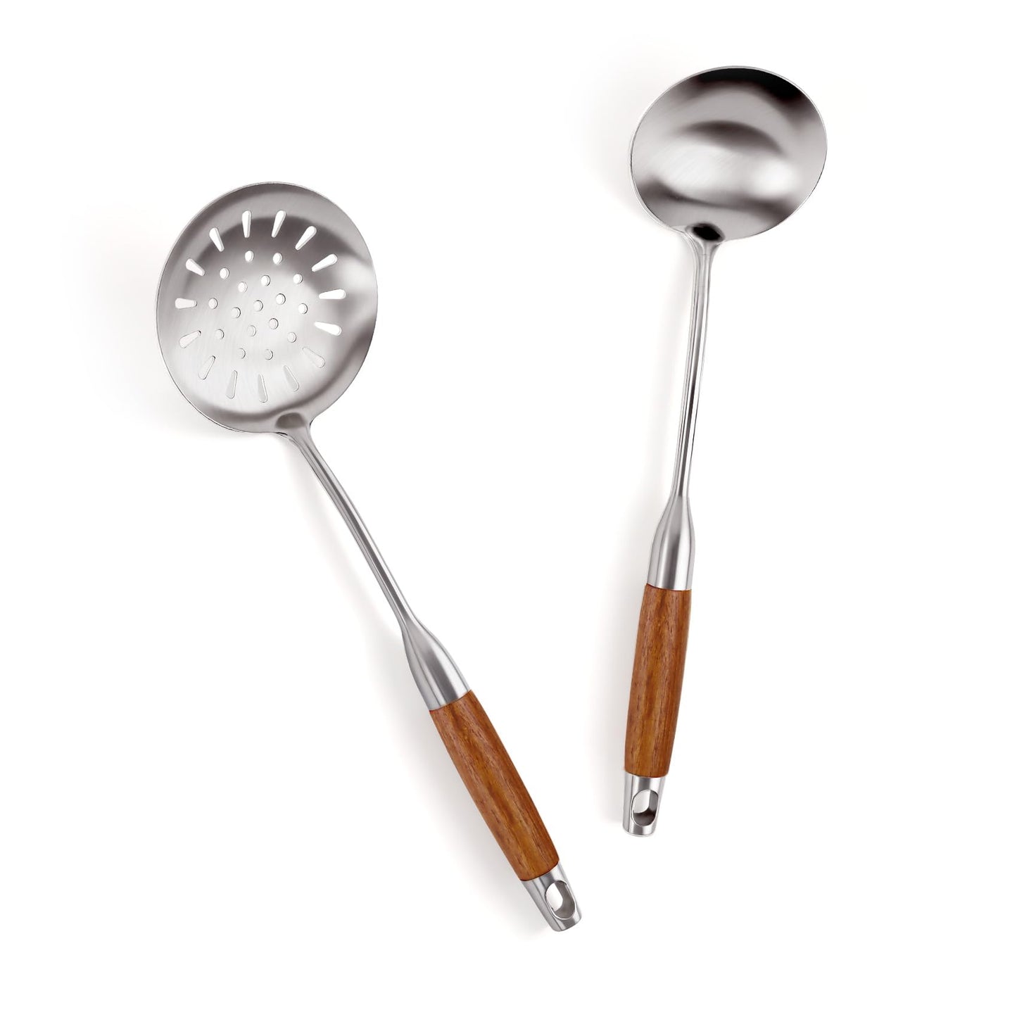 2PCS Soup Ladle Stainless Steel and Slotted Spoon Set, 304 Wok Utensils Set with Wooden Handle, Metal Strainer Spoon for Cast Iron/Carbon Steel Wok
