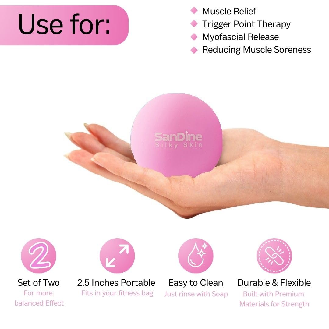 Lacrosse Massage Balls for Deep Tissue Massage - Release Tension Relieve Muscle Soreness Improve Flexibility - Ideal for Myofascial Release Trigger Point Therapy - 2Pack Yoga Balls by Sandine (Pink)