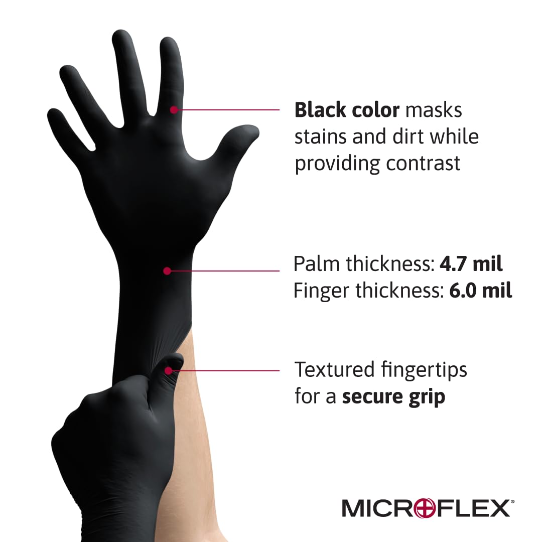 Ansell MICROFLEX MidKnight MK-296 Disposable Nitrile Gloves for Automotive, Law Enforcement w/Full Texture - X-Large, Black (Case of 1000)