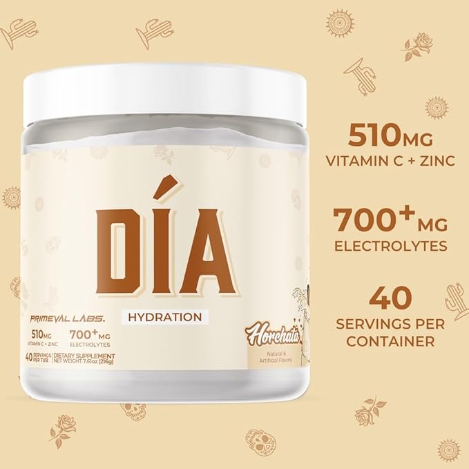 Primeval Labs Dia Hydration Electrolyte Powder | Vitamin C + Zinc, Taurine & Electrolytes | Low Sugar Daily Hydration Drink | 40 Serving Tubs | Horchata