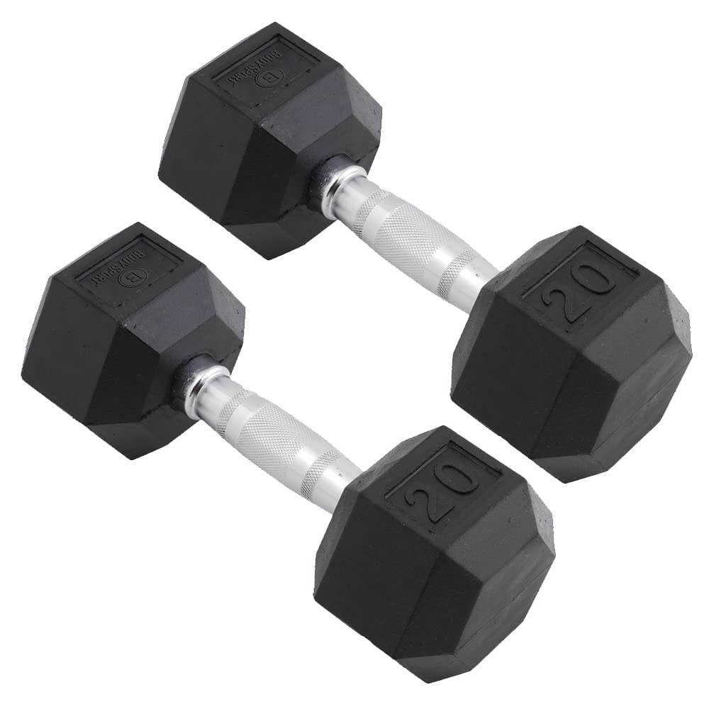 Body Sport Rubber Encased Hex Dumbbell Weight, 20 lb. (Pair) - Chrome, Anti-Slip Grip for Strength Training - Home Gym & Fitness Equipment
