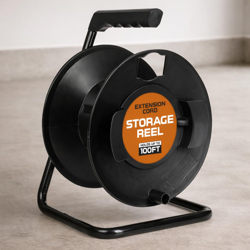 IRON FORGE CABLE Extension Cord Storage Reel with Metal Stand, Black - Portable Cable Reel That Holds Up to 100 Ft of Extension Cords, Hose, or Rope