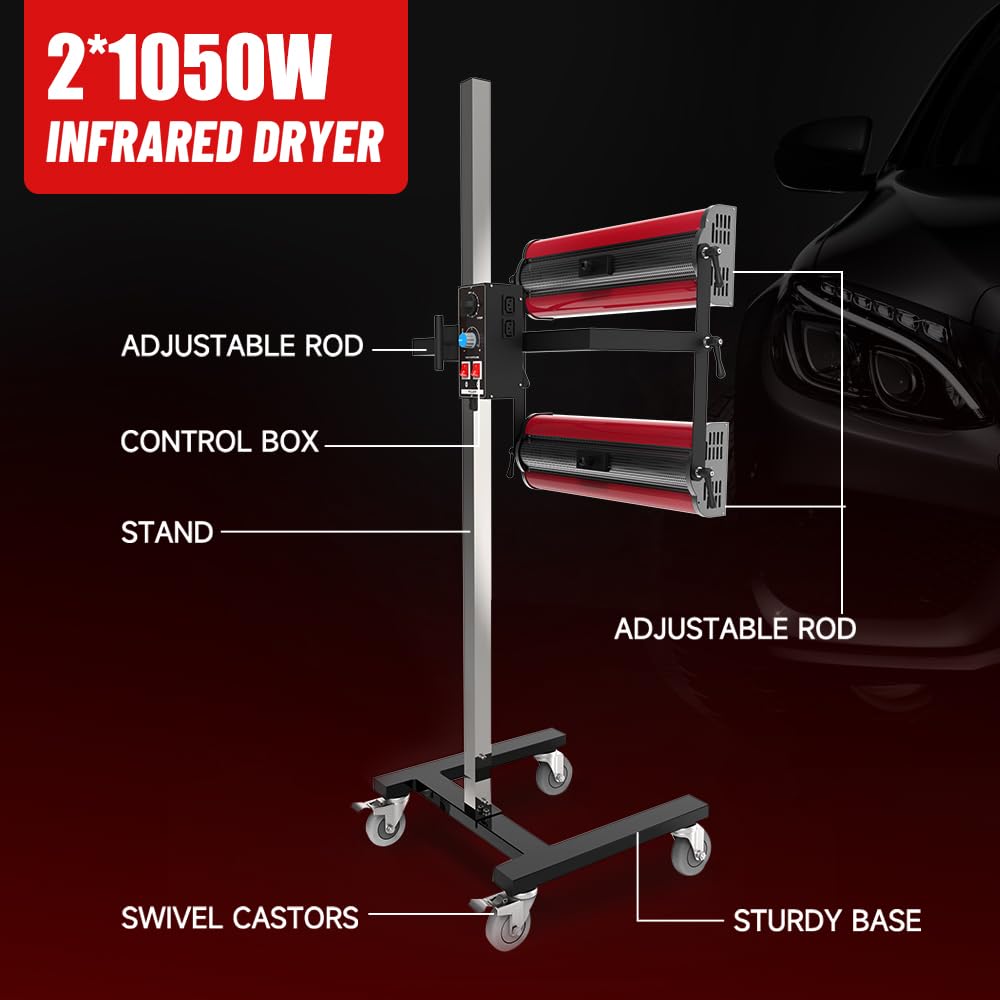 pakowin Infrared Paint Curing Lamp - 2100W 110V Short Wave Infrared Heating Light Equipped with Four Caster Wheels - with Timer and Height Adjustable - for Car Paint Booth