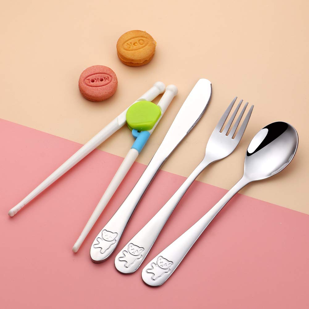 Poylim Stainless Steel Kids Utensils with Training Chopsticks | Toddler Silverware | Kids Silverware | Spoon + Fork + Knife + Chopsticks set | 4-12 Years+ | 8 Pieces | Dishwasher Safe