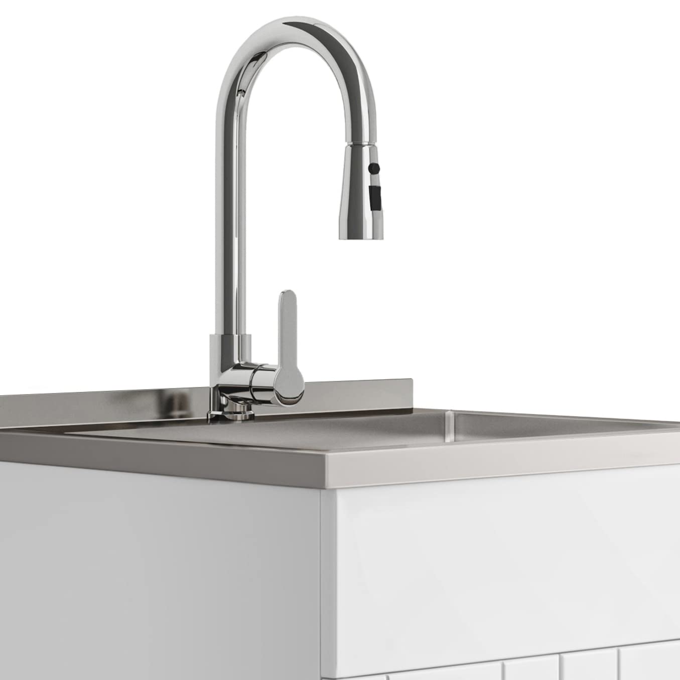 SIMPLIHOME Modern Wide Shaker All-in-One 24 inch Wide Utility Sink and Laundry Cabinet in Pure White Finish, Transitional Stainless Steel Sink Cabinet for Laundry Rooms with High-Arch Chrome Faucet