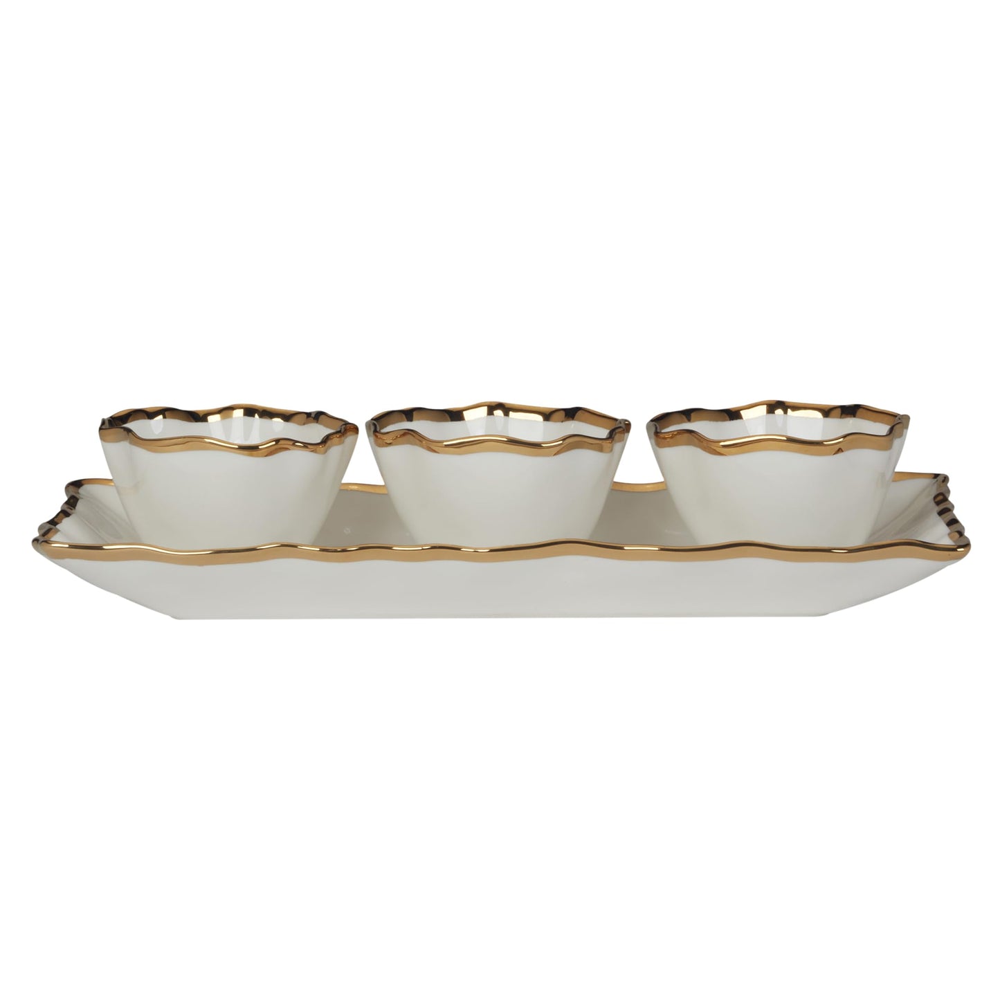 Regency Gold 4pc Porcelain Tray & Cond. Bowls Set, 14" Tray with 4.25" Bowls, Scalloped Edges & Metallic Gold Rim, Elegant Serveware for Dips, Sauces & Appetizers, Perfect for Entertaining & Holidays