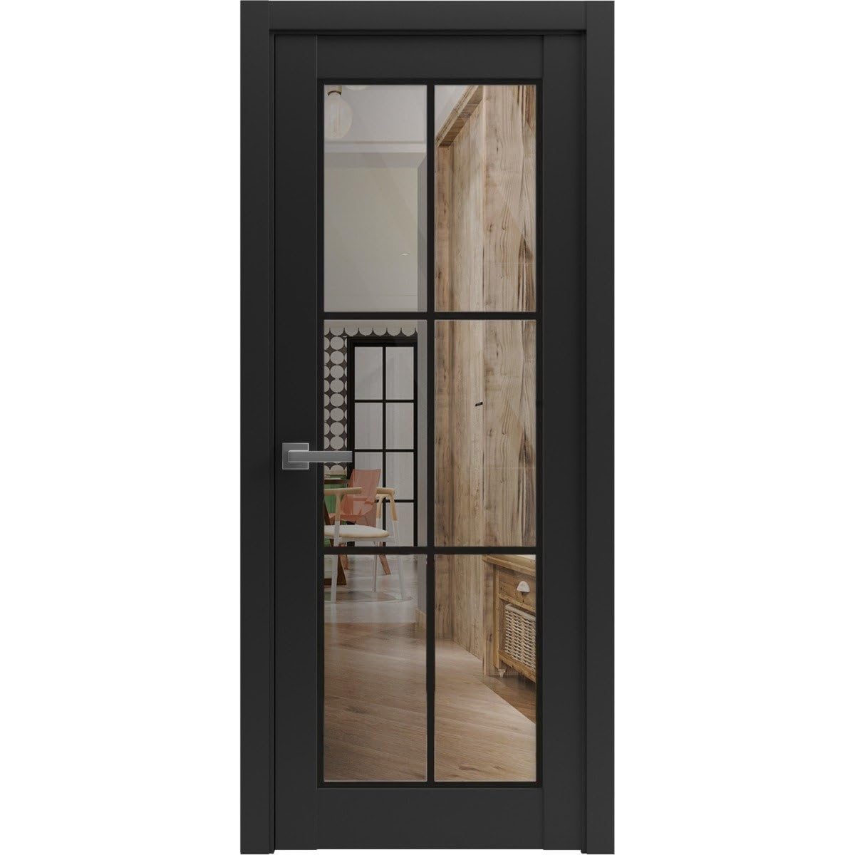 Solid French Pre-Hung Door 30 x 80 inches | Lucia 2366 Matte Black Clear Glass | Single Regular Panel Frame Trims Handle | Bathroom Bedroom Sturdy Doors