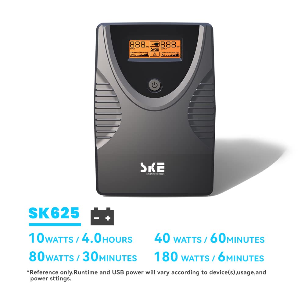 SKE SK625 625VA/360W UPS Battery Backup & Surge Protector - Uninterruptible Power Supply with LCD Display, AVR Voltage Regulation, 6 Outlets, Backup Power for PC, Router, NAS & Home Office