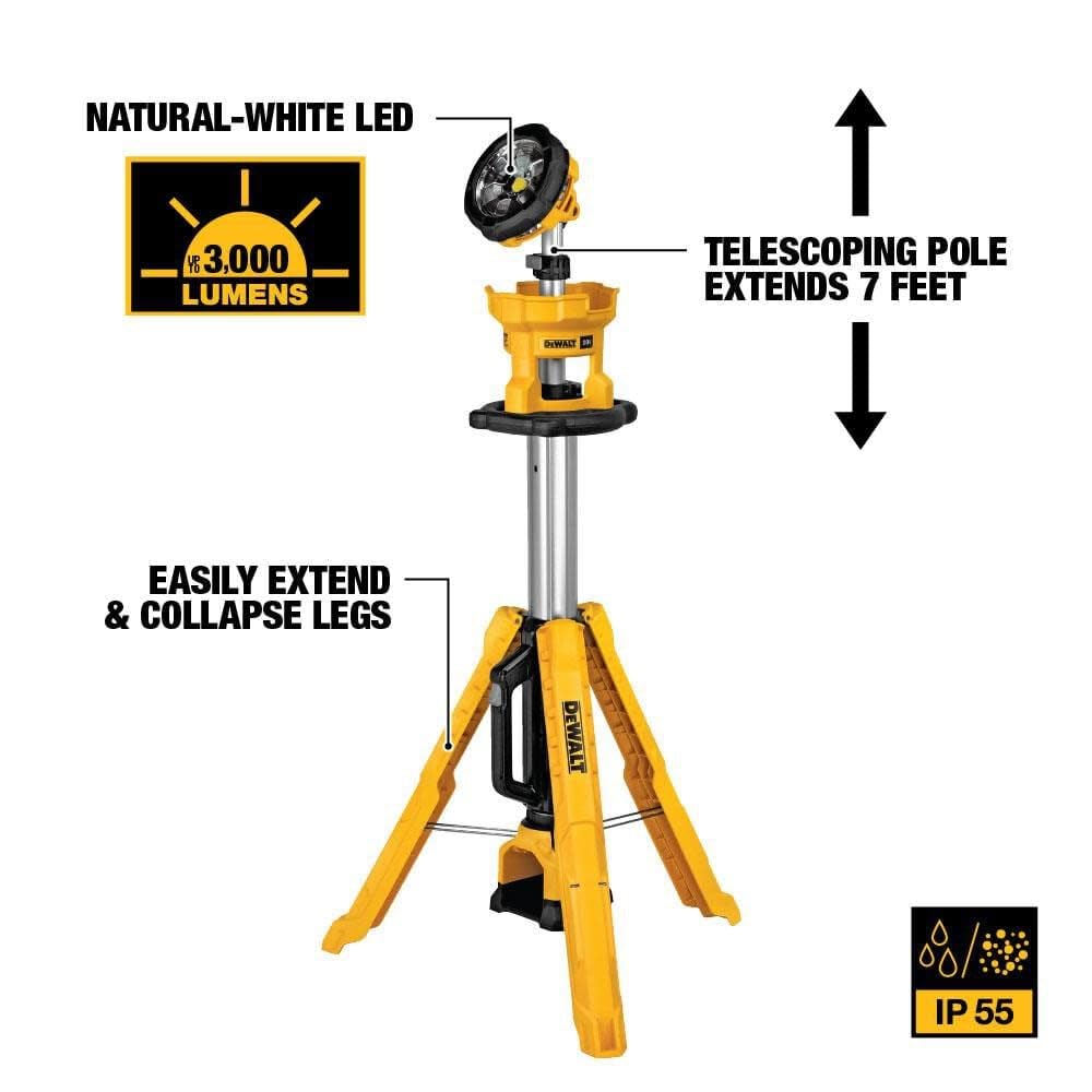DEWALT 20V MAX LED Work Light with Stand, Tripod Light, 3000 Lumens of Brightness with 3 Modes, Tool Only (DCL079B)