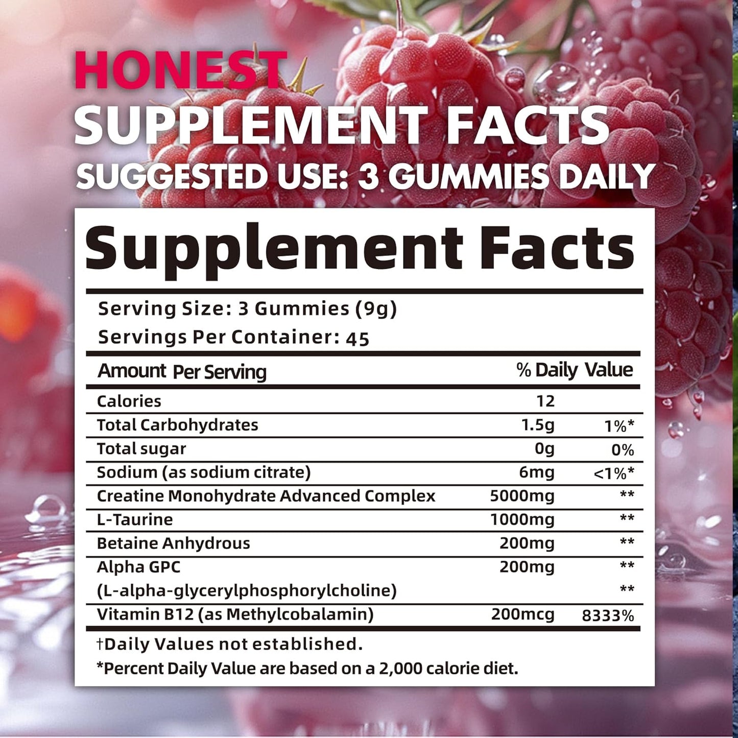 Creatine Monohydrate Gummies for Men & Women - 5g of Creatine Monohydrate per Serving - Sugar Free,Vegan, Raspberry Flavor, 135 Count (45 Servings).