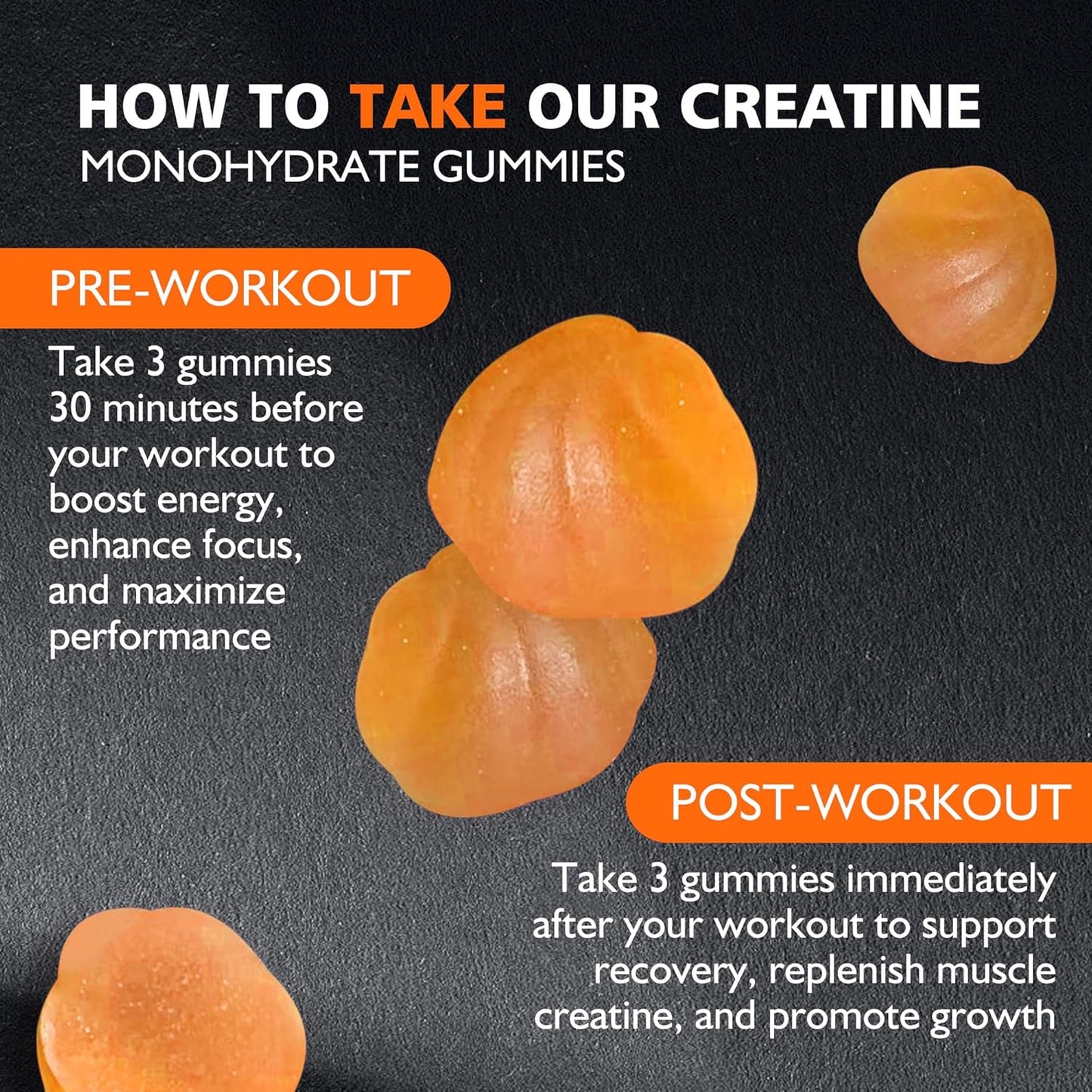 Creatine Monohydrate Gummies for Men & Women - 5g of Creatine Monohydrate per Serving - Sugar Free,Vegan, Orange Flavor, 135 Count (45 Servings).