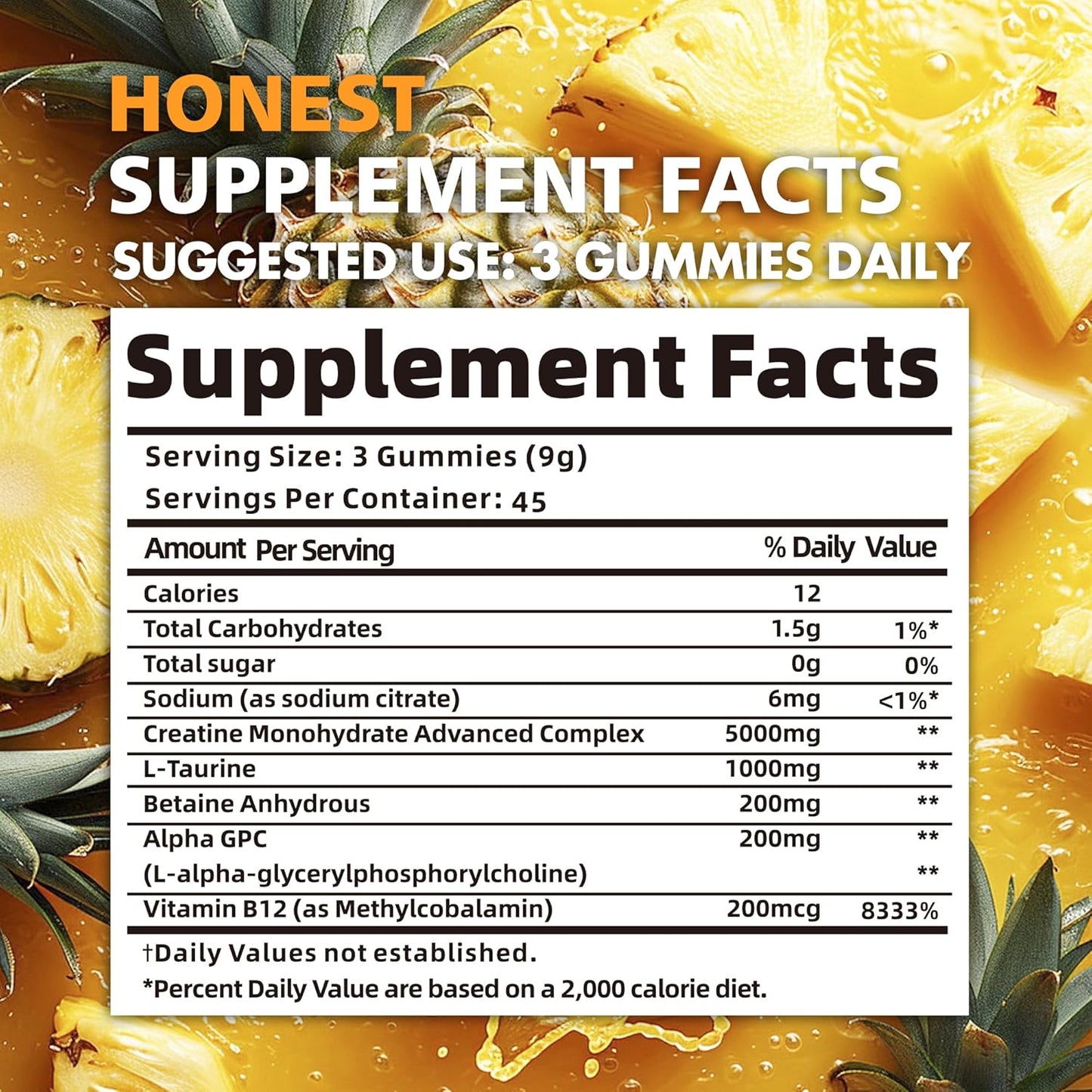 Creatine Monohydrate Gummies for Men & Women - 5g of Creatine Monohydrate per Serving - Sugar Free,Vegan, Pineapple Flavor, 135 Count (45 Servings)