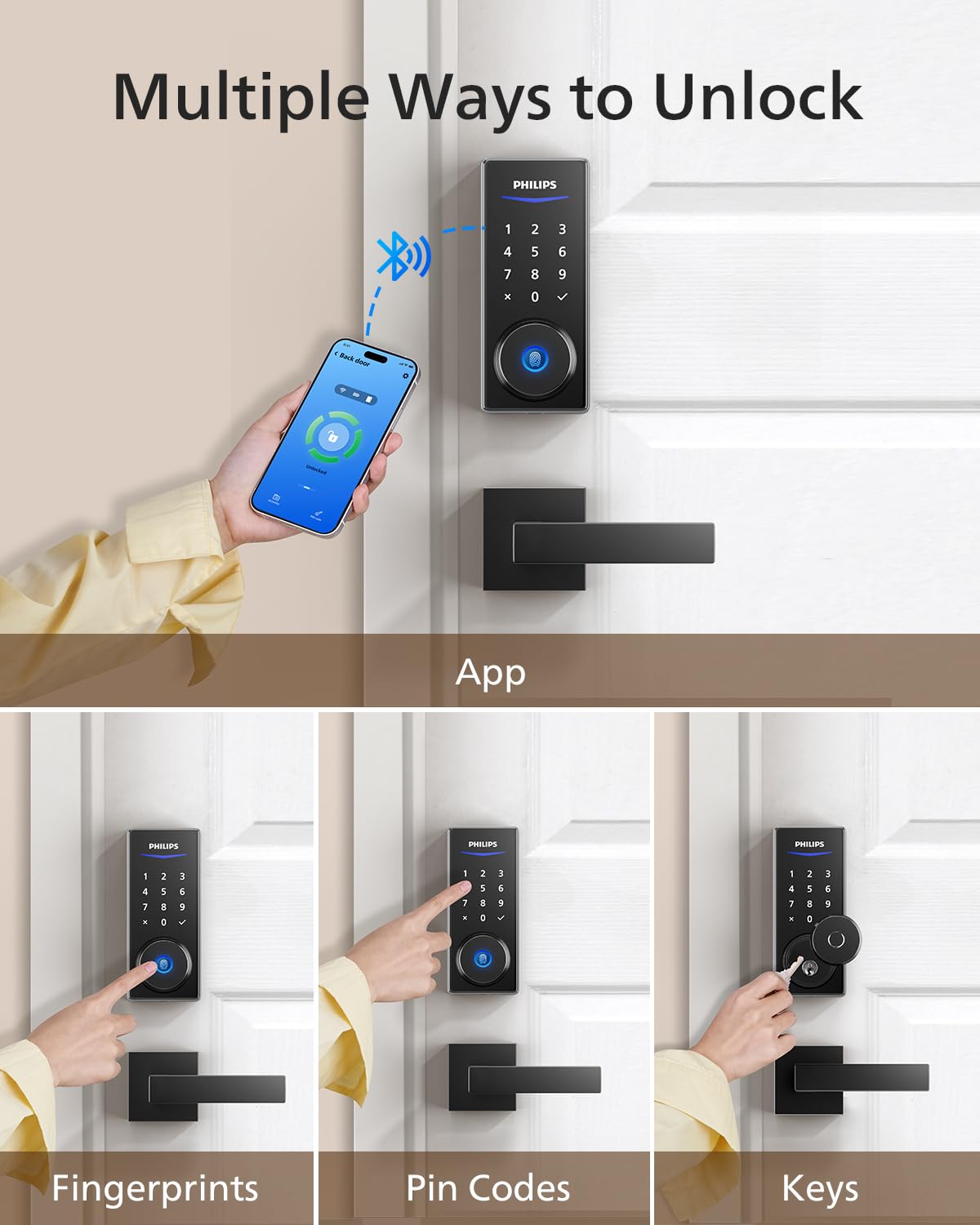 Philips Smart Lock with Handles, Keyless Entry Door Lock Set, Keypad Door Lock with 2 Level Handles, Digital Keypad Deadbolt for Front Door, App Fingerprint PIN Code Unlocking, Auto Locking